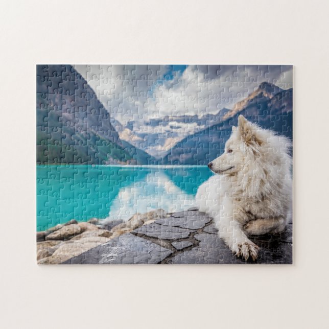 White Siberian Husky Canada  Lake Jigsaw Puzzle (Horizontal)