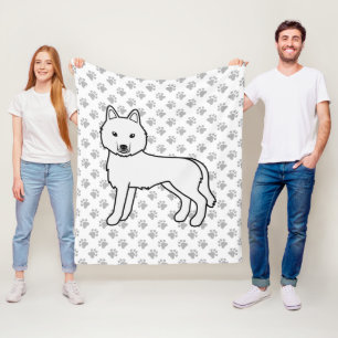 White Siberian Husky Cartoon Dog & Paws Fleece Blanket