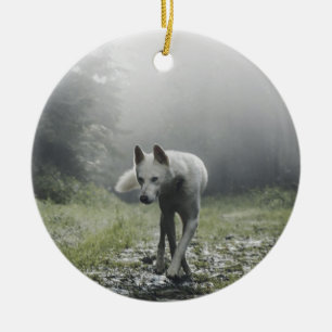 White Siberian Husky Ceramic Tree Decoration