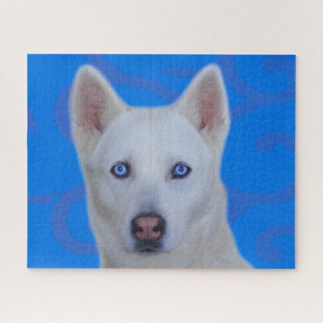 White Siberian Husky Jigsaw Puzzle (Blue BG) (Horizontal)
