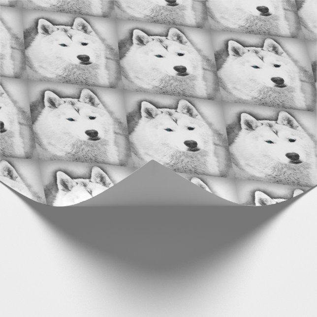 White Siberian Husky w/ Blue Eyes Fine Art Sketch Wrapping Paper (Corner)