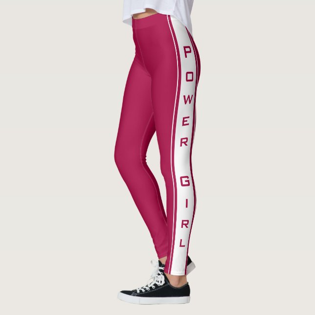White Side Stripe Red Leggings with Text (Left)