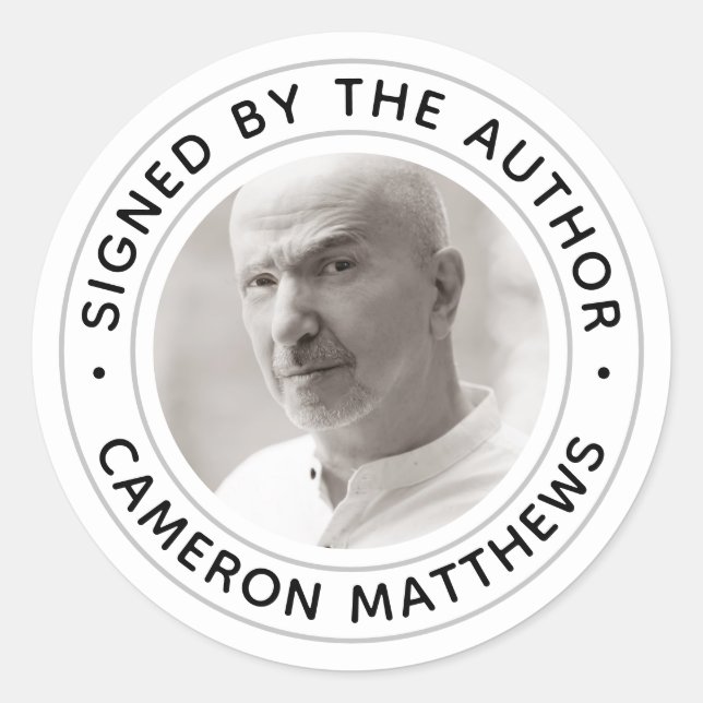 White signed by the author custom photo modern classic round sticker (Front)