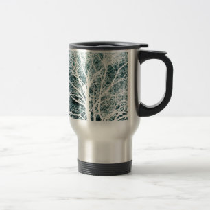 White silhouetted tree travel mug