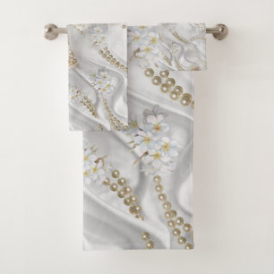 White Silk & Ivory Champaign Pearls Bath Towel Set
