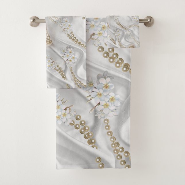 White Silk & Ivory Champaign Pearls Bath Towel Set (Insitu)