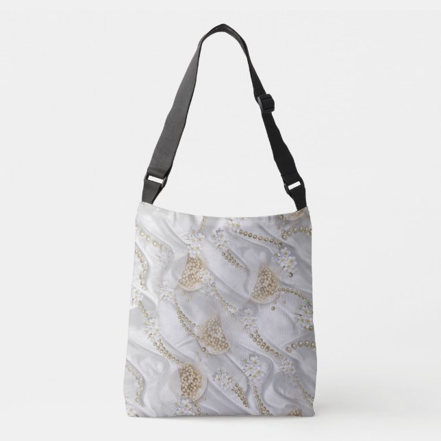 White Silk & Ivory Champaign Pearls Crossbody Bag (Front)
