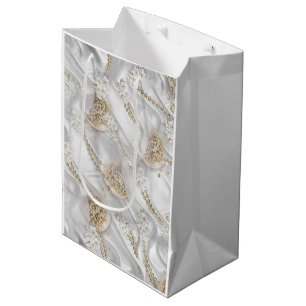 White Silk & Ivory Champaign Pearls Medium Gift Bag