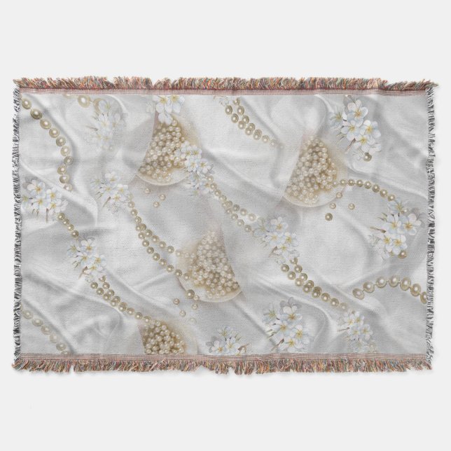 White Silk & Ivory Champaign Pearls Throw Blanket (Front)