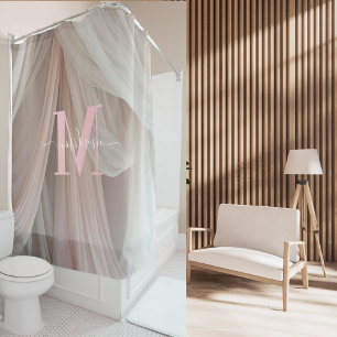 White Silk Pink Monogram Elegant Script Wedding Shower Curtain