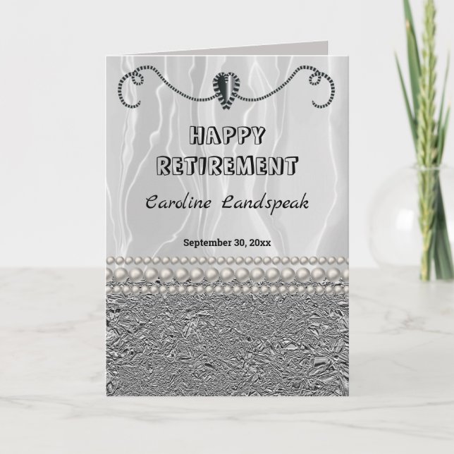 White Silk & White Pearls Happy Retirement Card (Front)