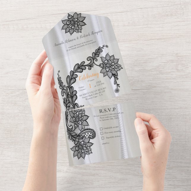 White silk with Black lace  All In One Invitation (Tearaway)