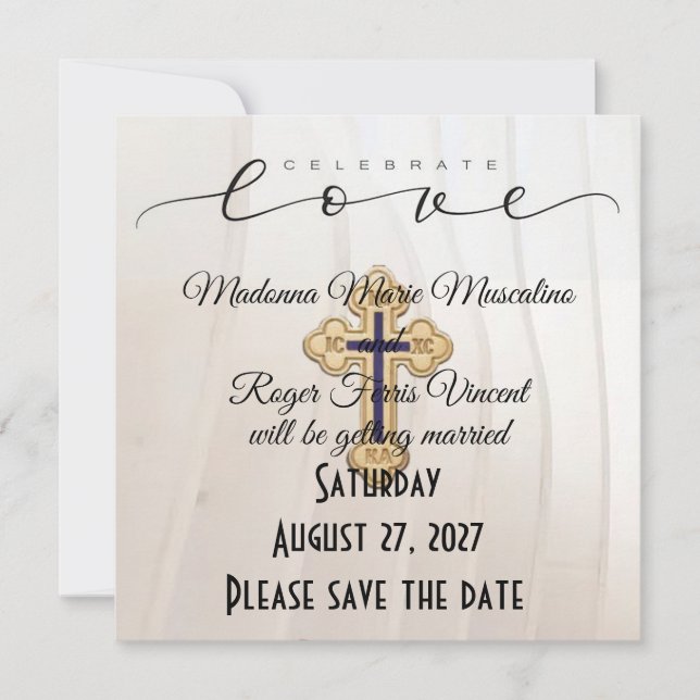 White Silk with Crucifix Flat Save The Date Card (Front)