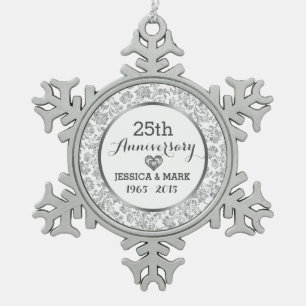 White & Silver 25th Wedding Anniversary Snowflake Pewter Christmas Ornament