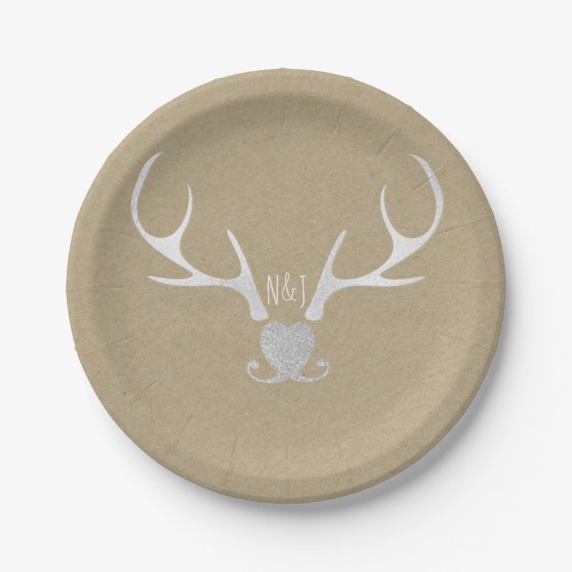 White Silver Antlers & Brown Paper Rustic Wedding Plate (Front)