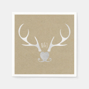White Silver Antlers & Brown Rustic Wedding Napkin