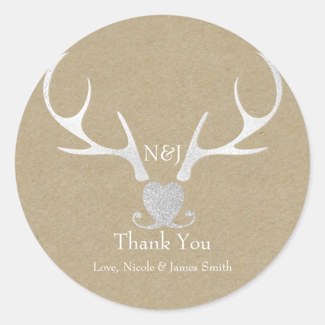 White Silver Antlers & Brown Wedding Favour Classic Round Sticker (Front)