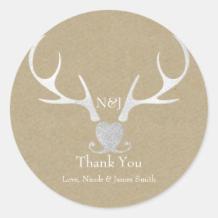 White Silver Antlers & Brown Wedding Favour Classic Round Sticker