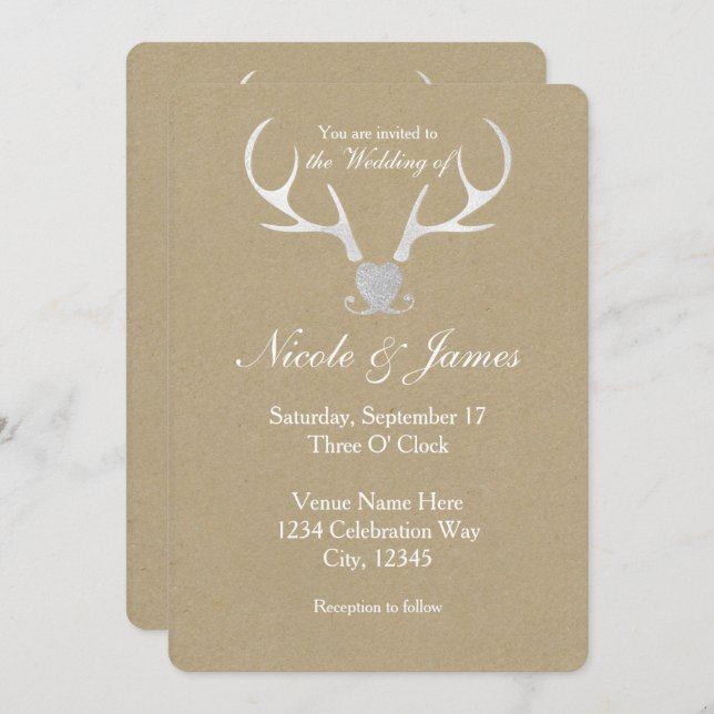 White Silver Antlers & Brown Wedding Invitations (Front/Back)