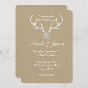 White Silver Antlers & Brown Wedding Invitations