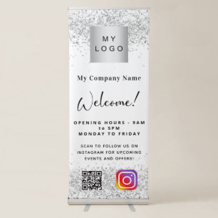 White silver business logo opening hours QR Insta Retractable Banner