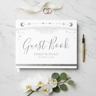 White Silver Celestial Sun Moon Stars Wedding Guest Book