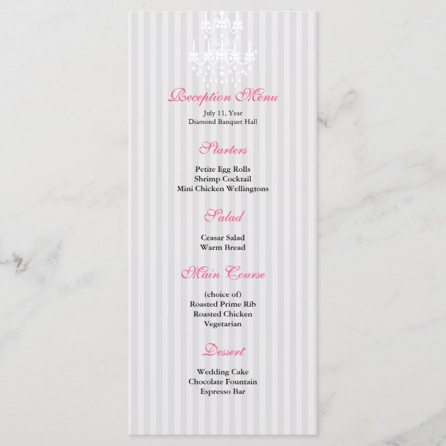 White & Silver Chandelier Striped Reception Menu (Front)