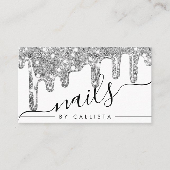 White Silver Chunky Glitter Thick Drips Nails Business Card (Front)