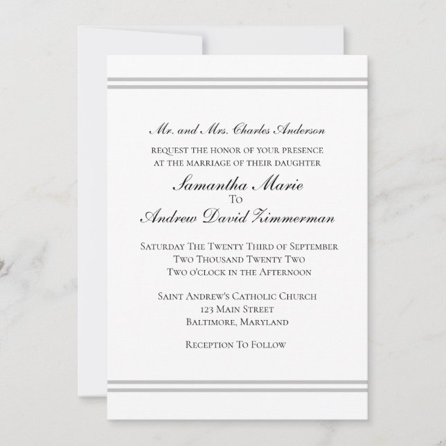 White Silver Classic Formal Elegant Wedding  Invitation (Front)