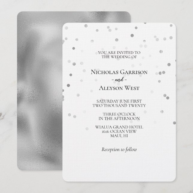 White Silver Confetti Dots Wedding Invitation (Front/Back)