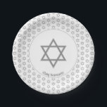 White Silver Customisable | STAR OF DAVID Paper Plate<br><div class="desc">Elegant white STAR OF DAVID Paper Plates, showing with silver grey Magen David in a tiled pattern. At the centre, there is an image of a larger Star of David, which is CUSTOMIZABLE, so you can upload your own image. Underneath, the text reads CHAG SAMEACH. This is also customisable so...</div>