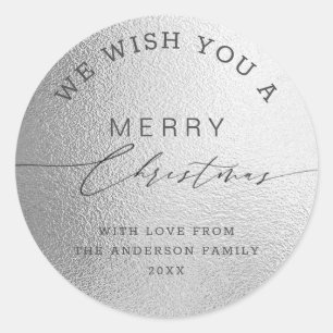 White Silver Foil Chic Script Merry Christmas Classic Round Sticker