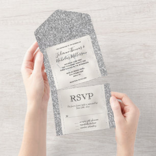 White Silver Glam Glitter Hearts All In One Invitation