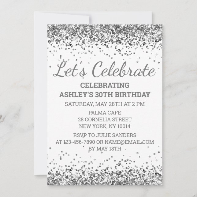 White Silver Glitter 30th Birthday Let's Celebrate Invitation (Front)