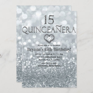 White Silver Glitter Bokeh 15 Quinceañera Party Invitation