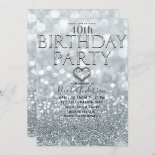 White Silver Glitter Bokeh Glam Birthday Party Invitation