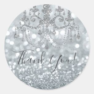White Silver Glitter Bokeh Glam Chandelier Party Classic Round Sticker