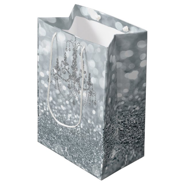 White Silver Glitter Bokeh Glam Chandelier Sparkle Medium Gift Bag (Front Angled)