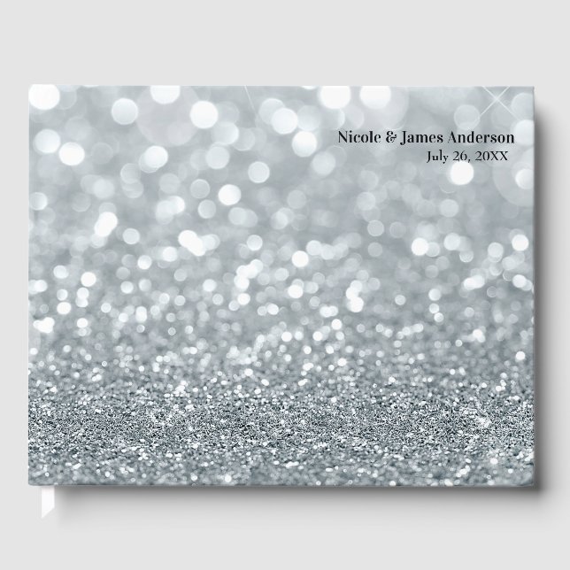 White Silver Glitter Bokeh Glam Sparkle Wedding Guest Book (Front)