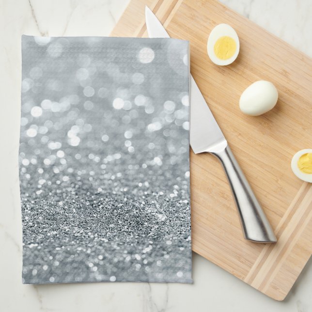 White Silver Glitter Bokeh Glam Trendy Sparkle Tea Towel (Quarter Fold)