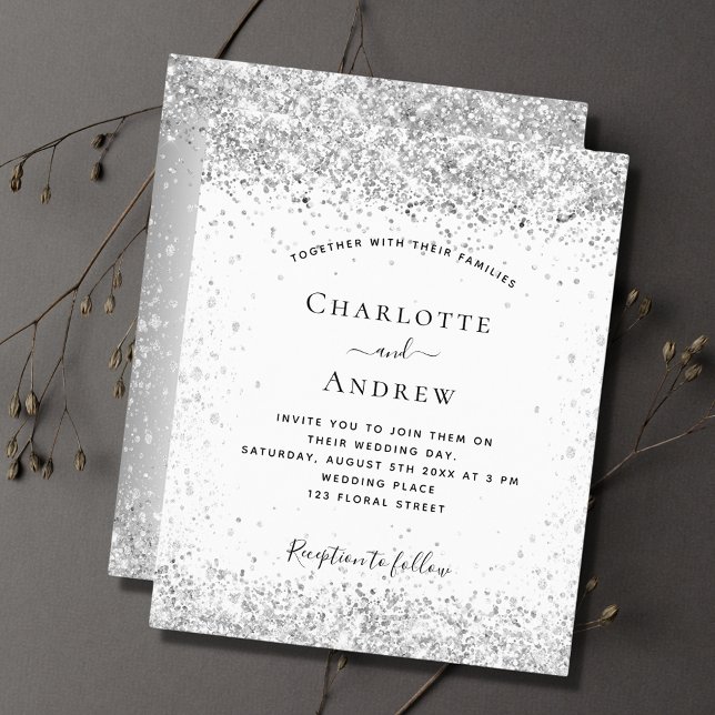 White silver glitter budget wedding invitation flyer (Creator Uploaded)