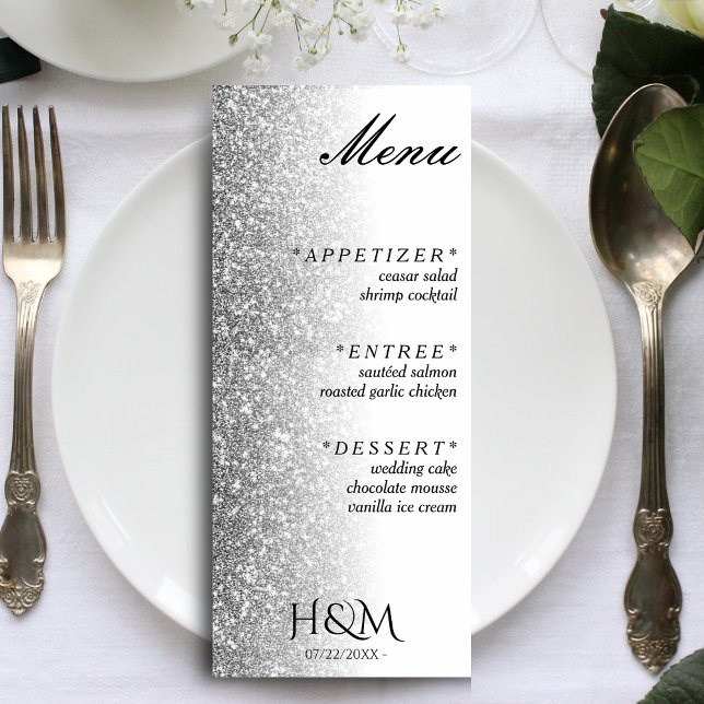 White & Silver Glitter Dinner Wedding Reception Menu (White & Silver Glitter Dinner Wedding Reception Menu)