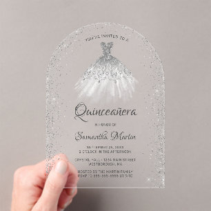 White Silver Glitter Dress Quinceañera Party Acrylic Invitations
