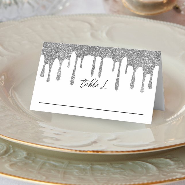 White & Silver Glitter Drip Wedding Reception Place Card (White & Silver Glitter Drip Wedding Reception Place Card)