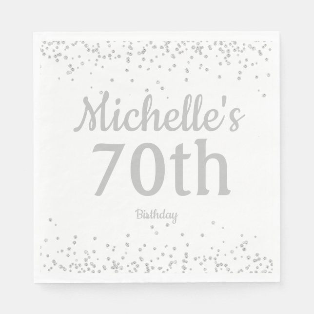 White Silver Glitter Girl's 70th Birthday Napkin (Front)