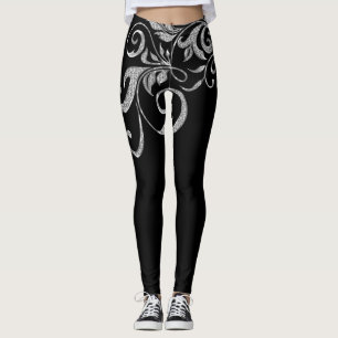 White Silver Glitter Girly Swirls Design Leggings