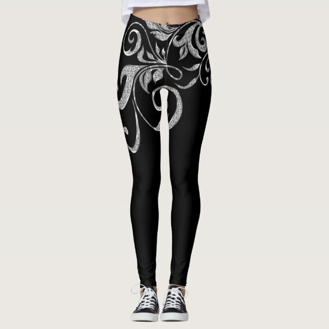 White Silver Glitter Girly Swirls Design Leggings (Front)