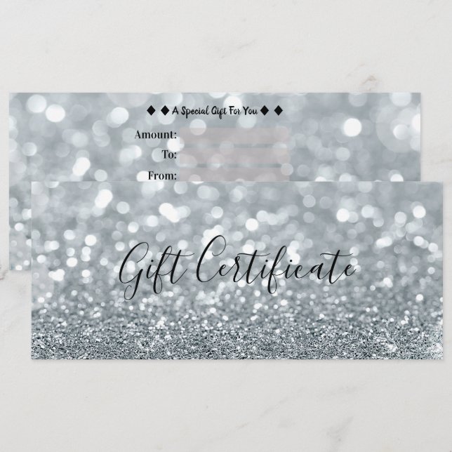 White Silver Glitter Glam Gift Certificate Invitation (Front/Back)