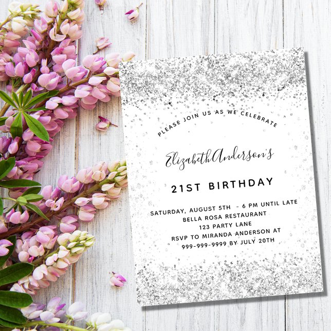 White silver glitter glamorous luxury birthday invitation (Creator Uploaded)