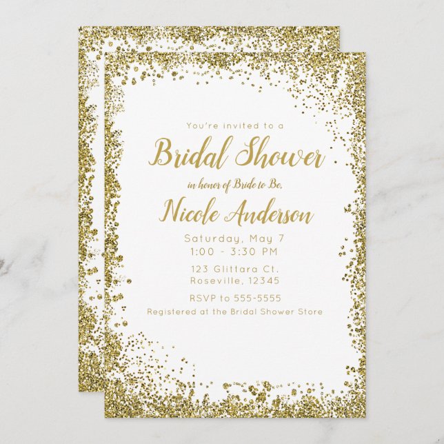 White Silver Glitter Modern Glam Bridal Shower Invitation (Front/Back)